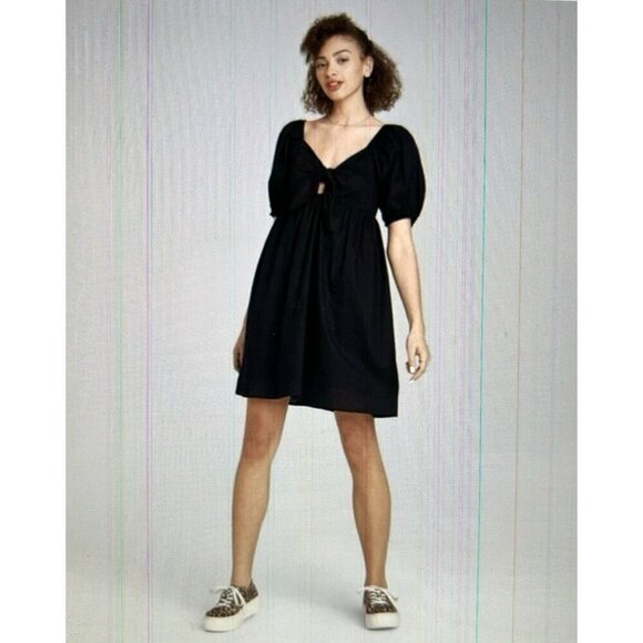 Wild Fable Black Puff Sleeve Mini Dress Tie Front Smocked Back Size M - Picture 1 of 13